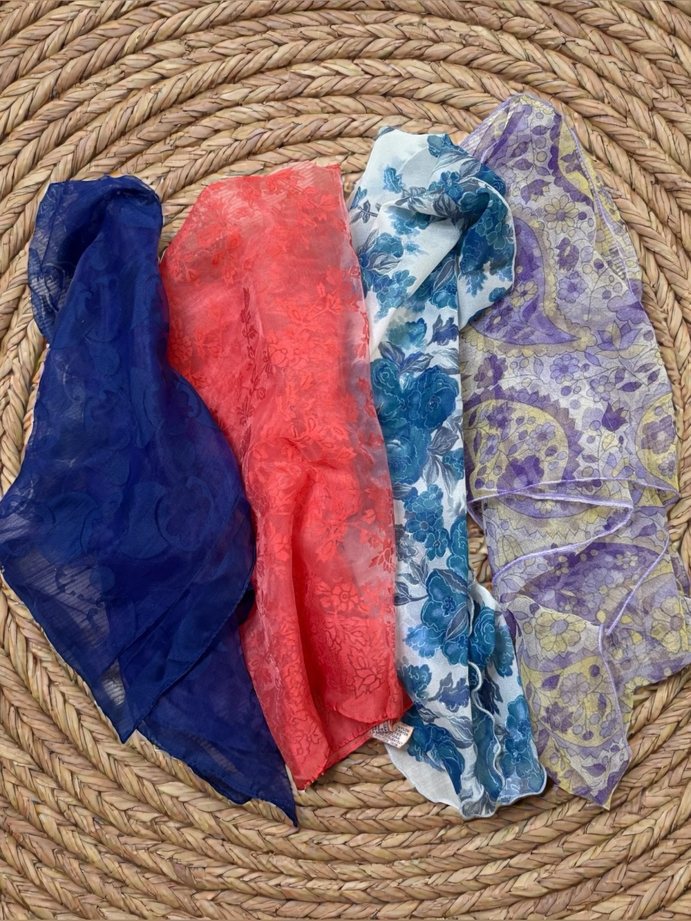 4 Vintage Scarves Head Scarf Sheer Floral Nylon USA Japan